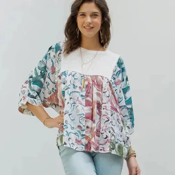 Young Threads Floral Abstract Patterned Dolman Sleeve Blouse Large - Picture 1 of 8
